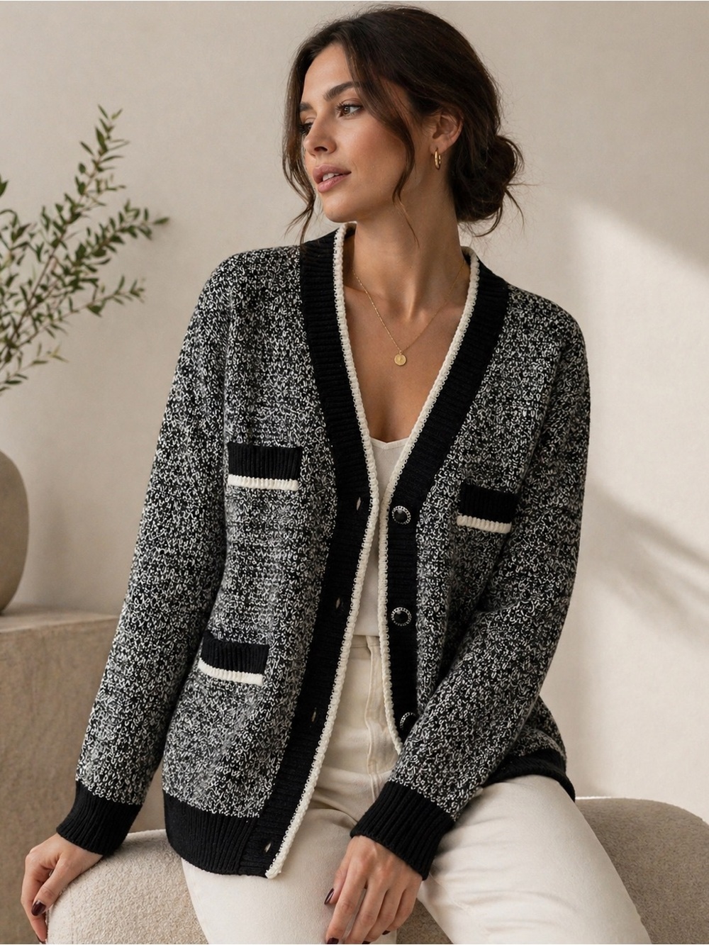 Chic Black White Cardigan Contrast Trim Button Front Cozy